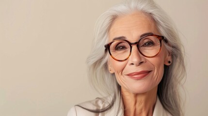 A serene-looking older woman with silver hair wearing glasses and a light-colored blouse smiling...