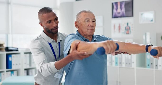 Dumbbells, physical therapy and old man with physiotherapist, muscle training and strength with senior care. Health, wellness and men at physio clinic for weightlifting, rehabilitation and equipment