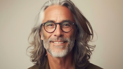 Smiling man with gray hair and glasses wearing a green shirt against a light beige background.