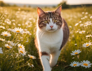 A cat walks in a field with daisies.