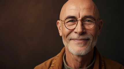 Obraz premium A bald man with glasses a beard and a warm smile wearing a brown jacket set against a dark background.