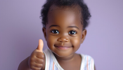 African toddler giving a thumbs up against a purple background, radiating positivity and cute gestures - obrazy, fototapety, plakaty