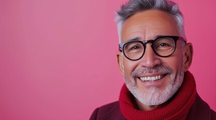 Smiling man with gray hair wearing glasses and a red scarf against a pink background.