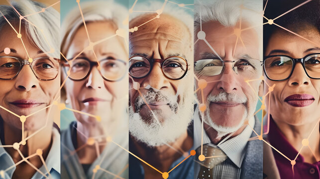 Create images of older individuals building online communities, sharing wisdom, and influencing others on social media platforms.