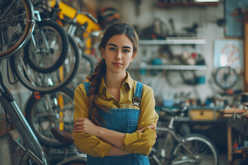 Fototapeta na wymiar Confident female bicycle repairman standing in her office