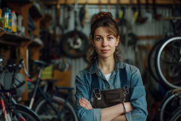 Confident female bicycle repairman standing in her office