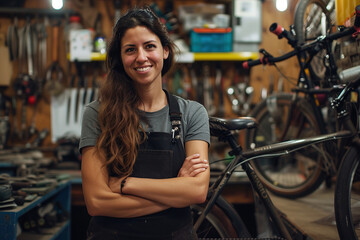 Confident female bicycle repairman standing in her office - obrazy, fototapety, plakaty