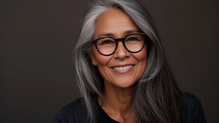 A woman with gray hair wearing glasses smiling at the camera with a warm and inviting expression.