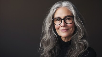 Woman with gray hair wearing glasses smiling and dressed in a black turtleneck.