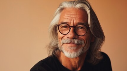 Obraz premium A man with gray hair and a beard wearing glasses smiling at the camera.
