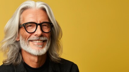 Elderly man with white hair beard and mustache wearing black glasses smiling against a yellow background.