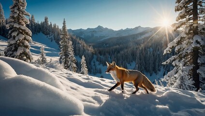 Obraz premium Fox walks through the snow in the snowy mountains