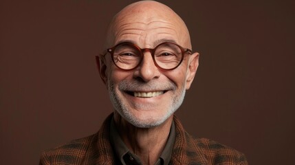 Obraz premium Smiling elderly man with glasses and gray hair wearing a brown plaid jacket against a dark brown background.