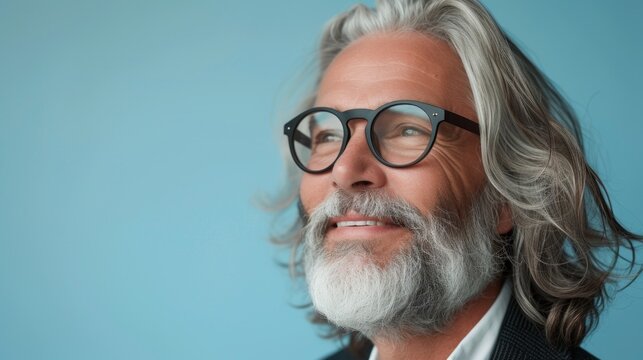A man with a gray beard and mustache wearing glasses smiling and looking to the side.