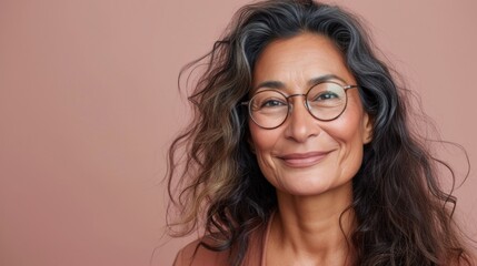 Smiling woman with glasses and long wavy hair against a soft pink background.