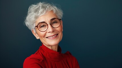 A smiling elderly woman with short gray hair and glasses wearing a red turtleneck against a blue background.
