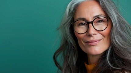 Fototapeta premium A woman with gray hair wearing glasses smiling at the camera against a teal background.