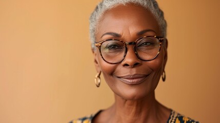 Woman with gray hair glasses and earrings smiling against a warm-toned background.