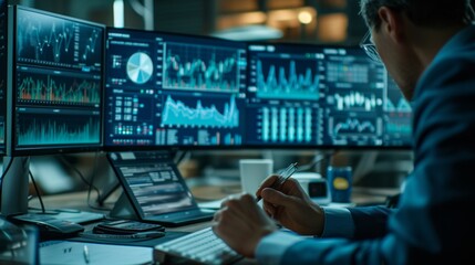 Focused financial analyst examining complex stock market data on computer screens in a dark office. Financial Analyst Monitoring Stock Market Data.