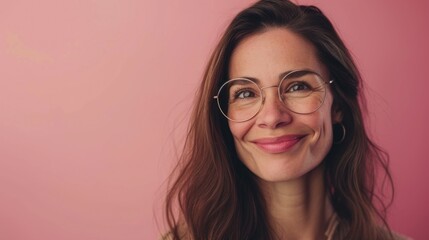 A woman with long brown hair wearing round glasses smiling at the camera against a pink background.
