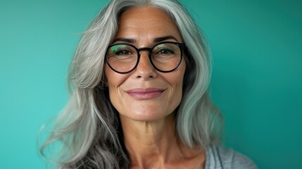A woman with gray hair and glasses smiling against a teal background.