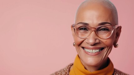 Smiling woman with short hair wearing glasses and an orange turtleneck against a pink background.