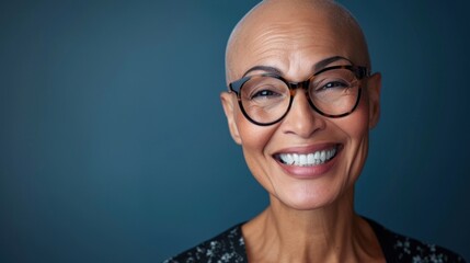 A bald smiling woman with glasses and a blue background. - obrazy, fototapety, plakaty