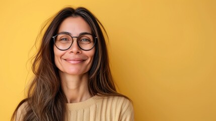A woman with long brown hair wearing glasses smiling against a yellow background.