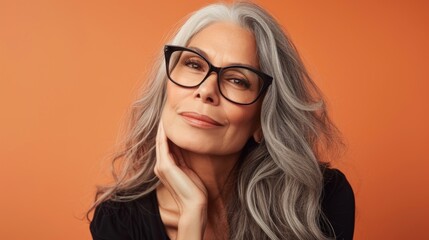 Obraz premium A woman with gray hair and glasses smiling gently resting her chin on her hand against an orange background.