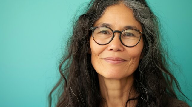 Woman with long wavy hair and glasses smiling against a blue background.