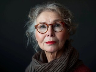 elderly woman with glasses looking at the camera
