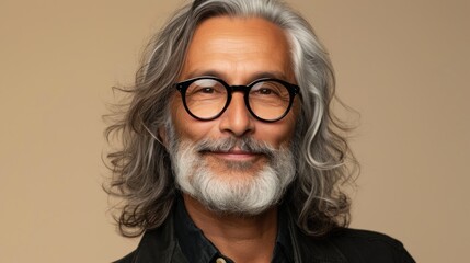 Gentleman with gray hair and beard wearing round glasses and a black shirt smiling against a beige background.