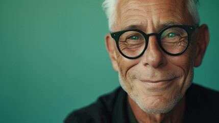 A man with white hair and glasses smiling warmly against a green background.