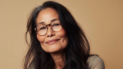 A woman with long dark hair and glasses smiling gently against a soft-focus beige background.