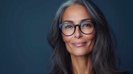 Fototapeta na wymiar A close-up portrait of a smiling woman with gray hair wearing glasses against a blue background.
