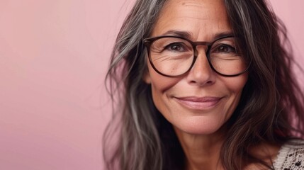 A woman with gray hair wearing glasses smiling against a pink background.