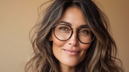 Fototapeta premium Smiling woman with long brown hair and glasses looking directly at camera with a warm and inviting expression.