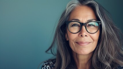 A woman with gray hair and glasses smiling gently against a blue background.