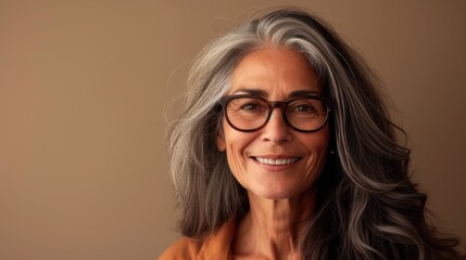 A woman with gray hair wearing glasses smiling and dressed in a brown top.