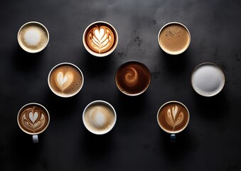 various coffee drinks top view