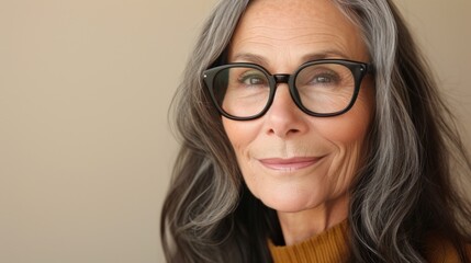 Obraz premium Woman with gray hair and glasses smiling at camera wearing a yellow turtleneck.