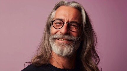 A man with long gray hair a mustache and glasses smiling against a pink background.