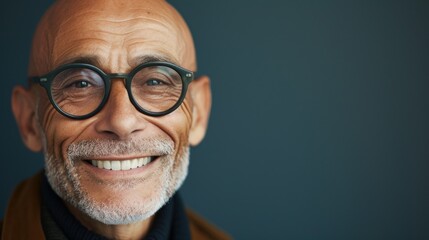 Smiling man with glasses and gray beard against blue background.