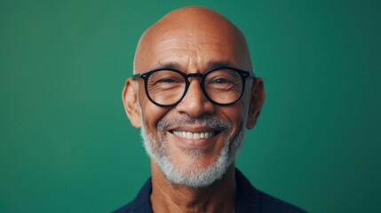 Smiling bald man with glasses and white beard against green background. - 731846203