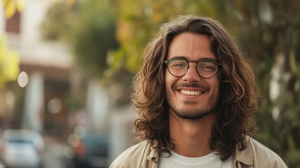 A young man with long curly hair and glasses smiling at the camera standing on a street with blurred background.