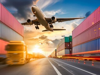 Commercial Cargo Plane and Shipping Containers at Sunset