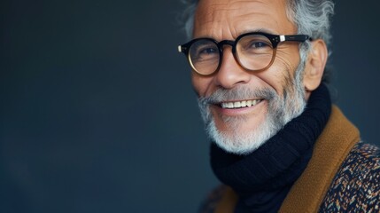 Smiling older man with glasses and beard wearing a brown jacket and black turtleneck against a dark background. - obrazy, fototapety, plakaty