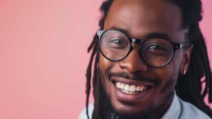 Smiling man with glasses and dreadlocks against pink background.