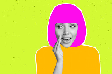 Artwork magazine collage picture of tricky cunning lady telling secret empty space isolated yellow...