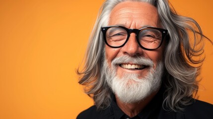 Smiling man with gray hair and beard wearing black glasses against orange background.